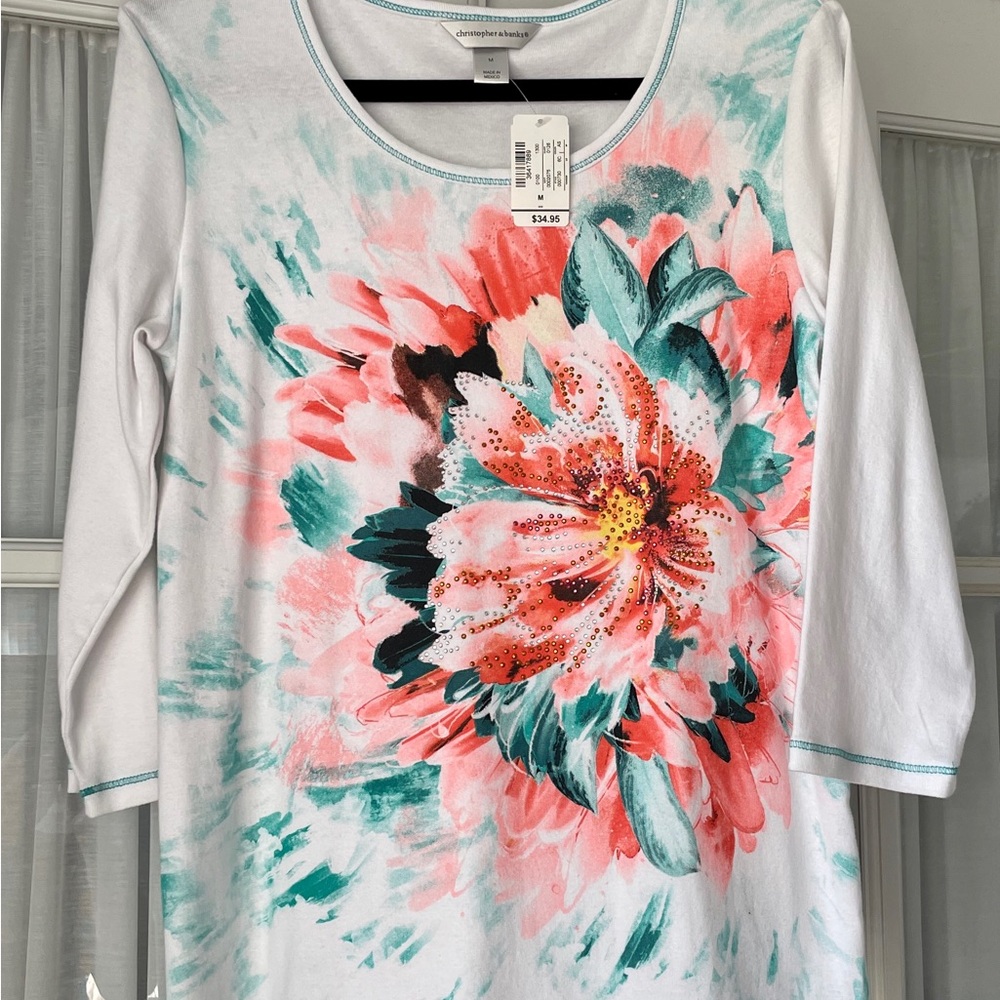 NWT Christopher & Banks Pullover Sparkle 3/4 sleeve T-shirt, size M